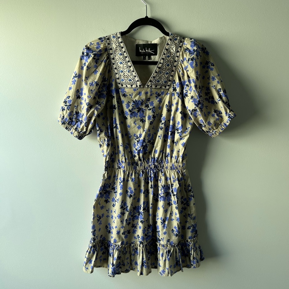 Nicole Miller Collection grey and blue printed dress